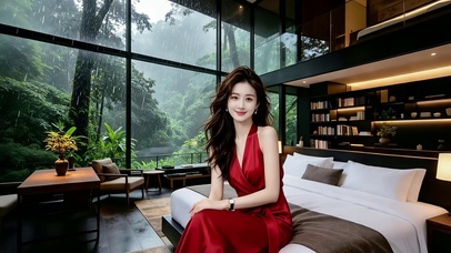 林间别墅坐在床边的红衣美女