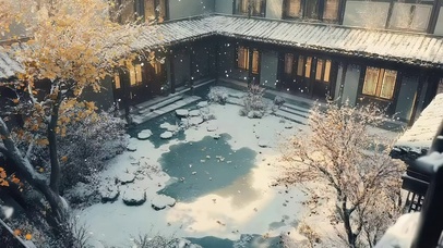 冬日庭院黄昏雪花落叶
