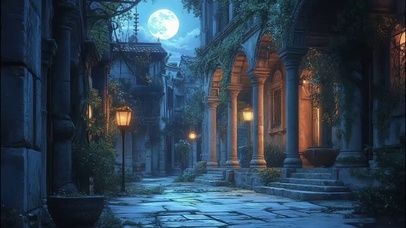 圆月夜幕静谧古典建筑