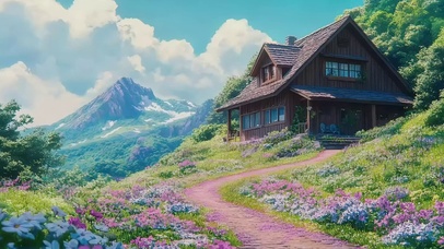 山脉清新春日花海小屋