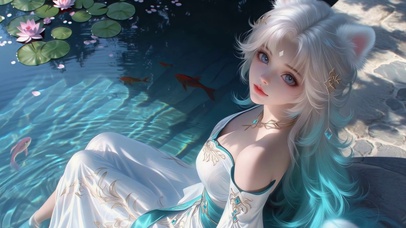 池边莲花旁的狐耳少女