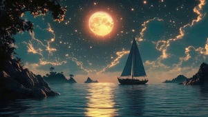 月下星空静谧大海帆船