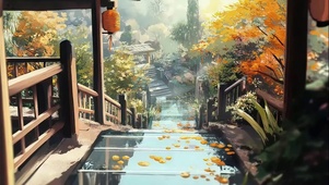 古镇秋日高塔阶梯风景