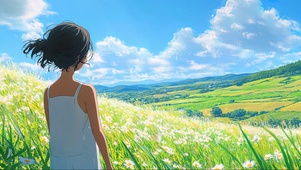 蓝天白云清新山坡女孩