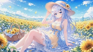向日葵花田银发美少女