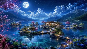 月夜湖畔梦幻樱花小岛