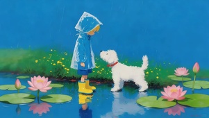 雨天女孩和狗狗
