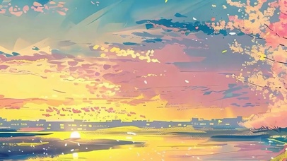 油画夕阳海景樱花树木带鱼屏