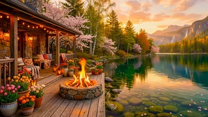 清晨山水湖边小屋