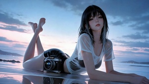 黄昏海边长腿美少女