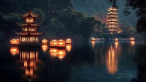 静谧傍晚湖中古风亭子