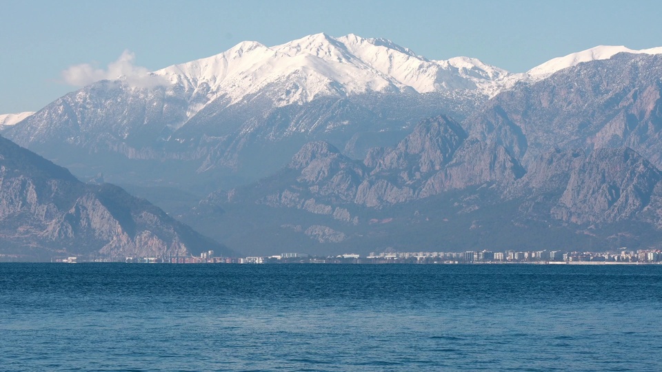 蓝色海面衔接沿岸城市，远处雪山连绵，天空晴朗无云。