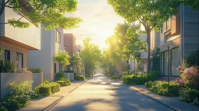 静谧清晨城市小区街道