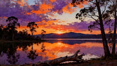 油画夕阳树木