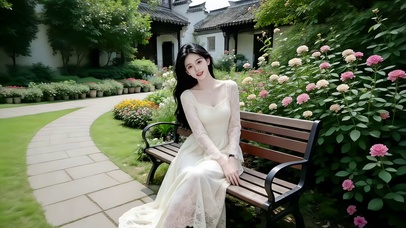 古风庭院坐在长椅纳凉的美女2