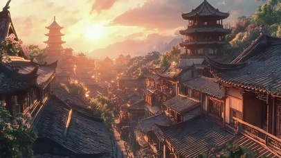 俯瞰黄昏落日古城村庄