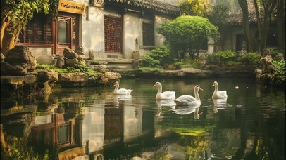 古城水乡夏日可爱鸭子