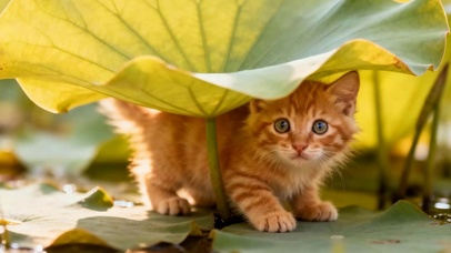 荷叶下猫咪