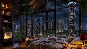 城市卧室雷雨夜