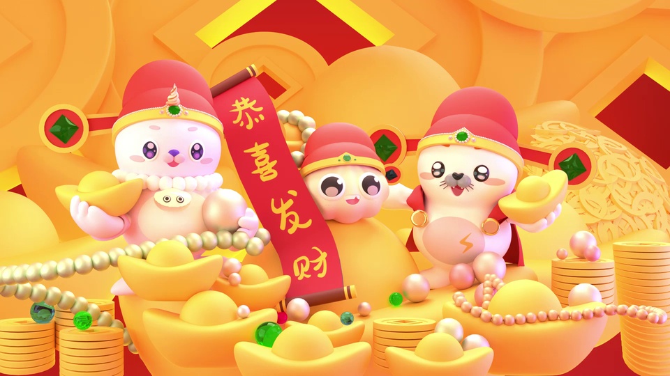 暖橙红色新春场景，三个戴红底嵌绿宝财神官帽的3D卡通萌系角色，两侧角色手持金元宝，斜放红色卷轴写有黄色“恭喜发财”，四周散落金元宝、铜钱串、珍珠与绿宝珠。