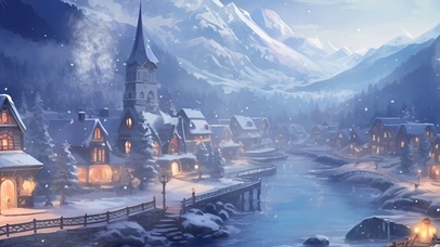 夜景雪景树木房屋河流带鱼屏