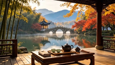 秋天湖畔雅庭品茶