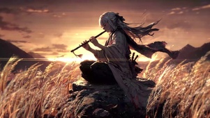 黄昏稻田中的少女