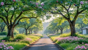 晨光林荫花道治愈风景