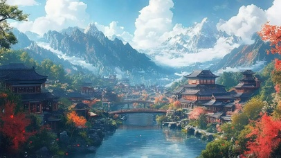 清新蓝天古风溪流小镇