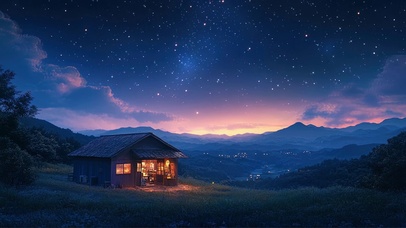 星空下的孤独山坡木屋