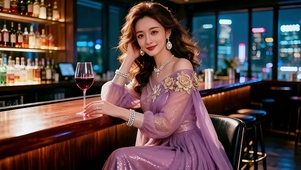 酒吧吧台旁优雅喝红酒的紫衣美女