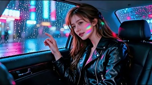 霓虹夜景映衬下的香车美女