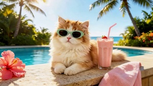夏日泳池边猫咪