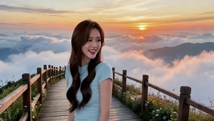 晚霞映照下山顶栈道处的美女