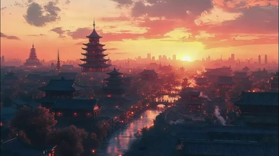 溪流古城黄昏落日风景