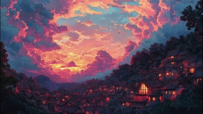 绚丽晚霞山林小镇建筑