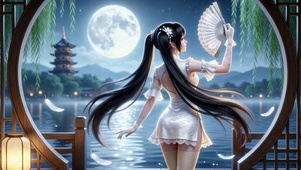 月夜古风旗袍少女赏月