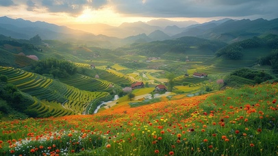 梯田边的彩色花海