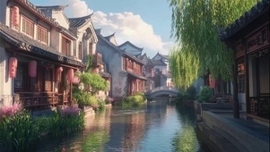 晴天水乡溪流古城建筑