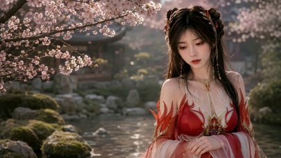 古风红裙美女樱花庭院