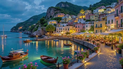 静谧蓝调海滨小镇夜景