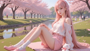 浪漫樱花树下美女