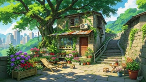 夏日风景小屋院子