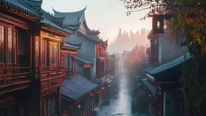 古朴小镇清晨朦胧街景