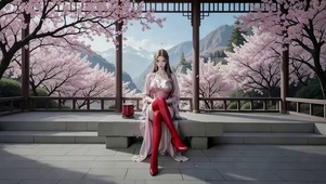 桃花岭长亭里怡然自得的古风美女