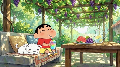 蜡笔小新夏日葡萄架休闲时光