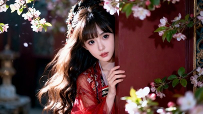 清纯古风桃花红墙国风清纯女孩