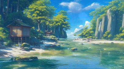 蓝天阳光森林溪流木屋