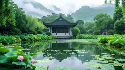 绿色护眼山水荷花亭子