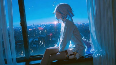 蓝调窗边夜景里的芙宁娜
